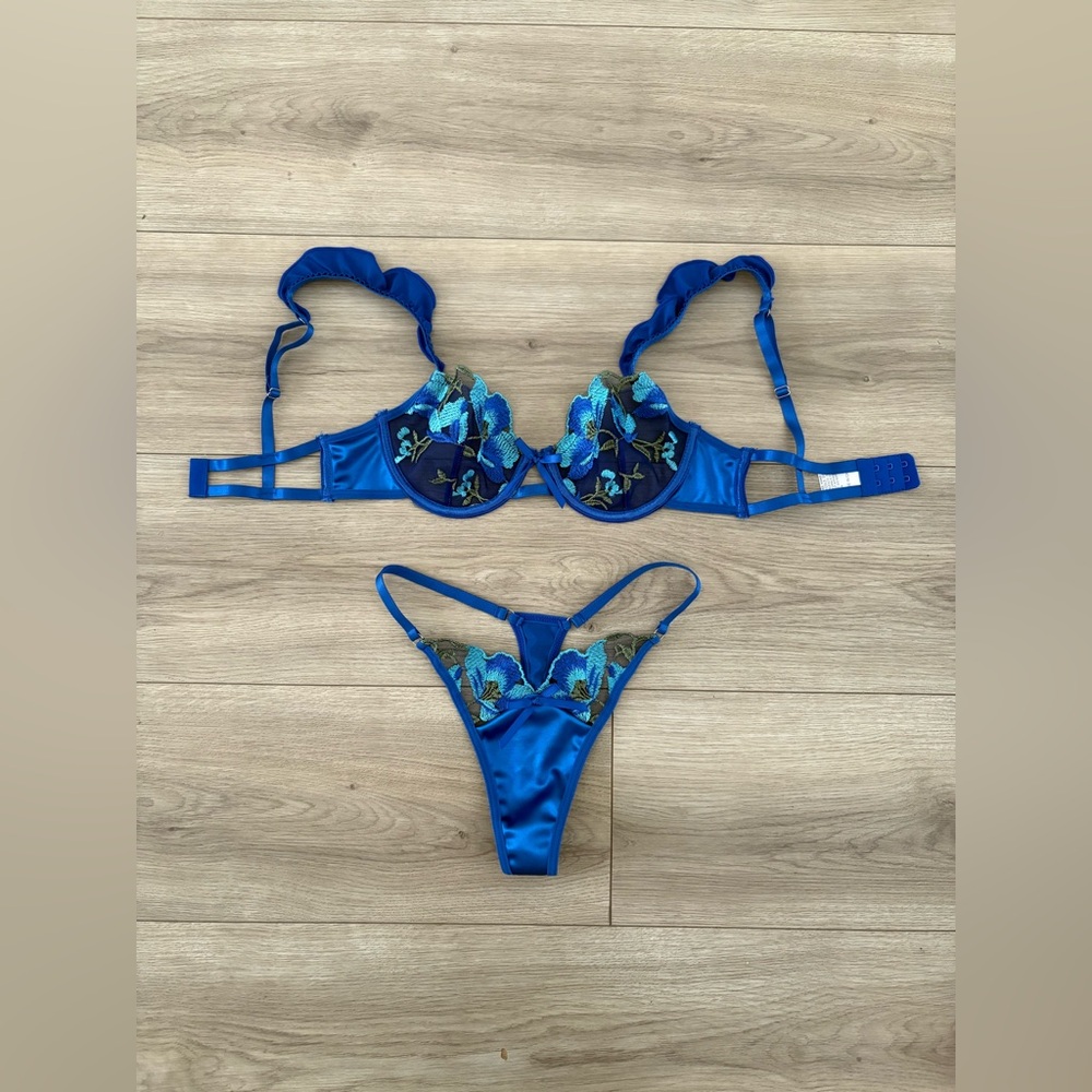 Blue Floral Embroidered Lingerie Set